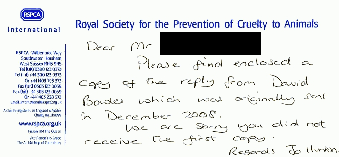Handwritten slip from RSPCA